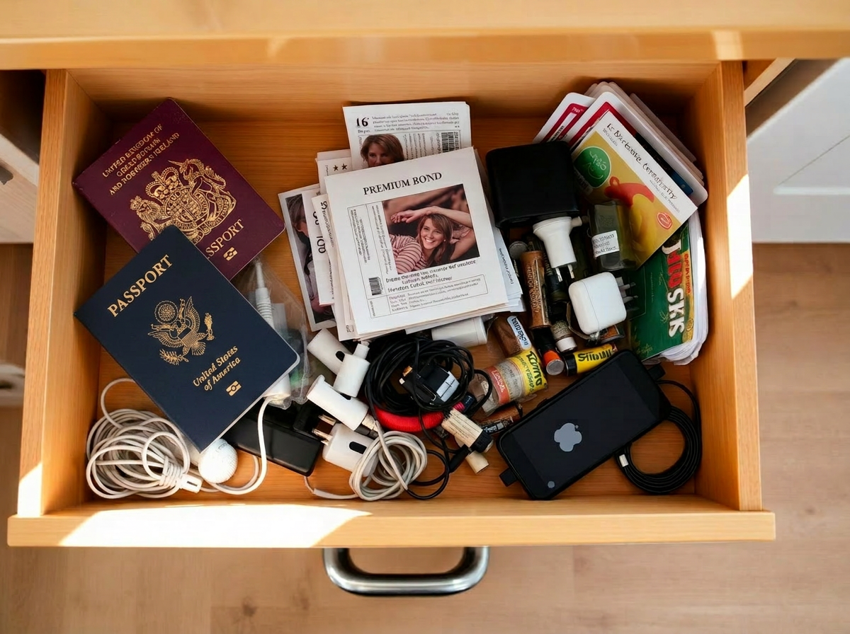 An open wooden drawer overflowing with UK and US passports, certificates, polaroids, chargers and old paperwork.